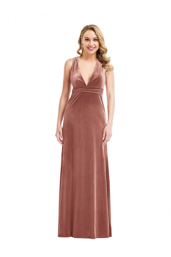 Rose Cannelle Trapèze Col V Velours Stretch Longue Formelles Robes demoiselle d'honneur / Robes de soirée / Robes de bal Pas Chère