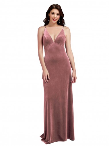 Rose Cannelle Trapèze Col V Velours Stretch Longue Formelles Robes demoiselle d'honneur / Robes de soirée / Robes de bal Pas Chre