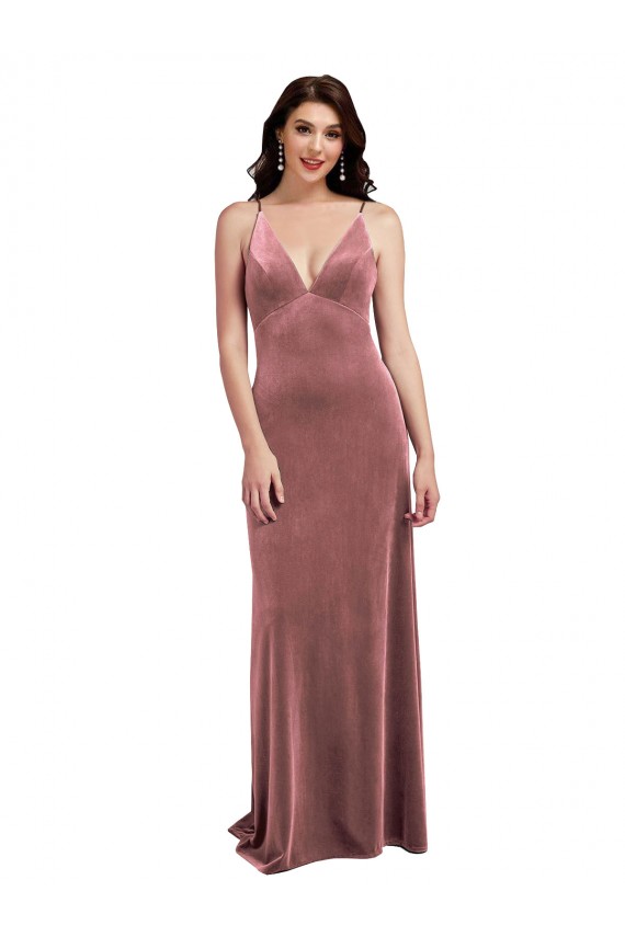 Rose Cannelle Trapèze Col V Velours Stretch Longue Formelles Robes demoiselle d'honneur / Robes de soirée / Robes de bal Pas Chère