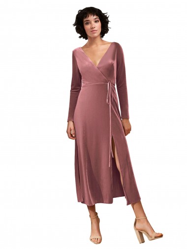 Rose Cannelle Trapèze Col V midi Velours Stretch Courte Robes demoiselle d'honneur / Robes de bal Pas Chre