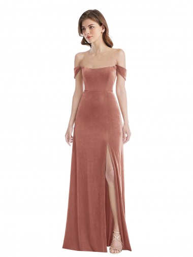 Rose Cannelle Trapèze Épaule Dénudée Velours Stretch Longue Robes demoiselle d'honneur / Robes de bal Pas Chre