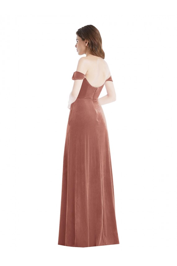 Rose Cannelle Trapèze Épaule Dénudée Velours Stretch Longue Robes demoiselle d'honneur / Robes de bal Pas Chère