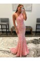 Rose Fourreau Balayage train Paillettes Velours Longue Robes de bal Pas Chère