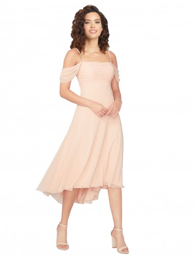 Rose Glacé Trapèze Col Carré midi Mousseline Courte Asymétrique Robes demoiselle d'honneur Pas Chre