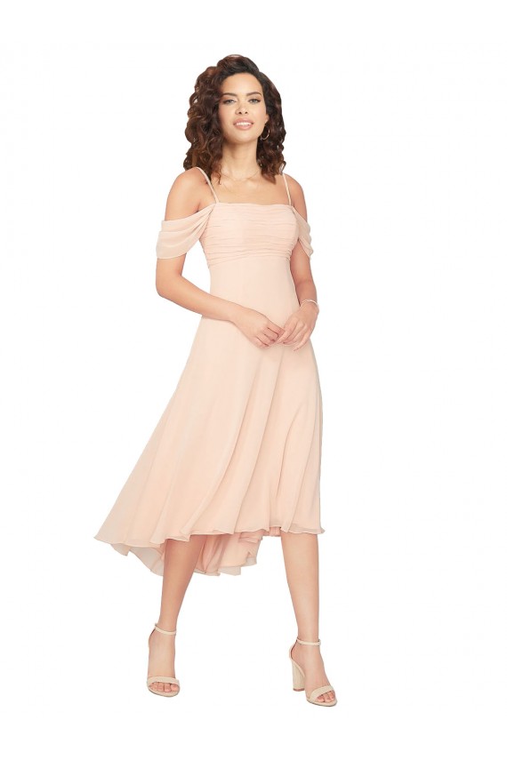 Rose Glacé Trapèze Col Carré midi Mousseline Courte Asymétrique Robes demoiselle d'honneur Pas Chère