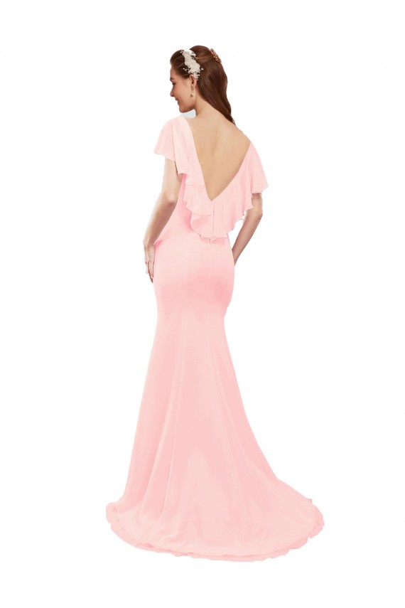 Rose Sirène Col V Mousseline Longue Robes demoiselle d'honneur Pas Chère