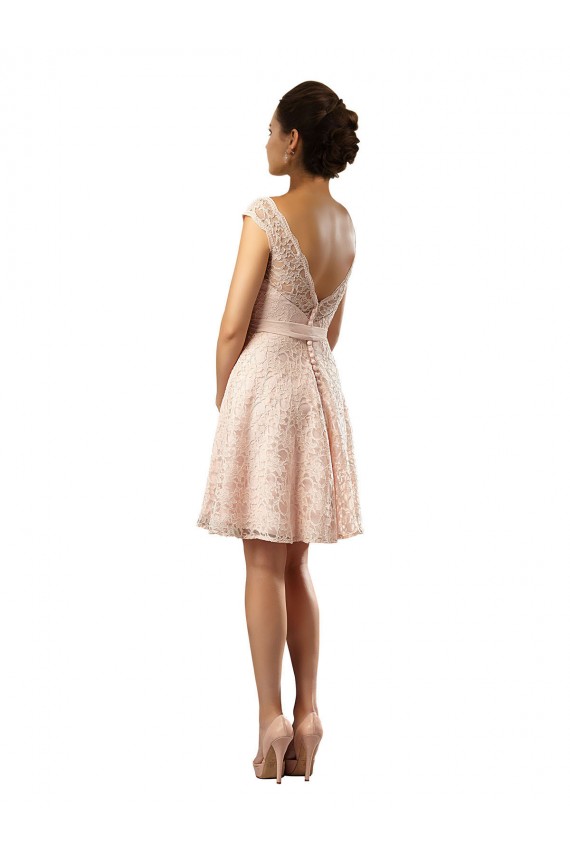 Rose Trapèze Bateau Illusion Mousseline Dentelle Courte Robes demoiselle d'honneur Pas Chère
