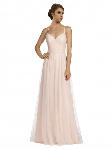 Rose Trapèze Bretelles spaghetti Tulle Longue Robes demoiselle d'honneur Pas Chre