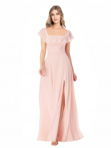 Rose Trapèze Col Carré Mousseline Longue Robes demoiselle d'honneur Pas Chre