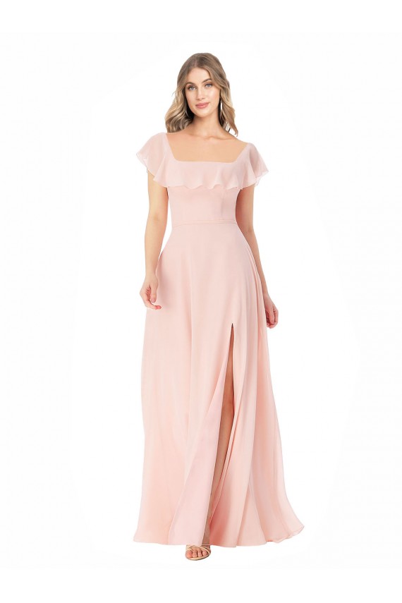 Rose Trapèze Col Carré Mousseline Longue Robes demoiselle d'honneur Pas Chère