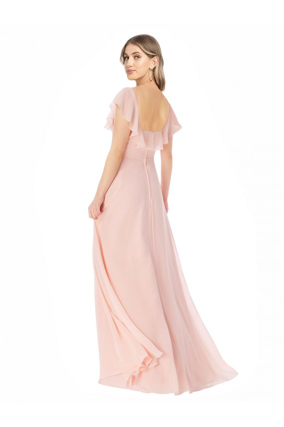 Rose Trapèze Col Carré Mousseline Longue Robes demoiselle d'honneur Pas Chère