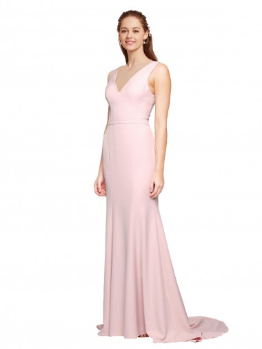 Rose Trapèze Col V Balayage train Crêpe Stretch Longue Robes demoiselle d'honneur / Robes de bal Pas Chre