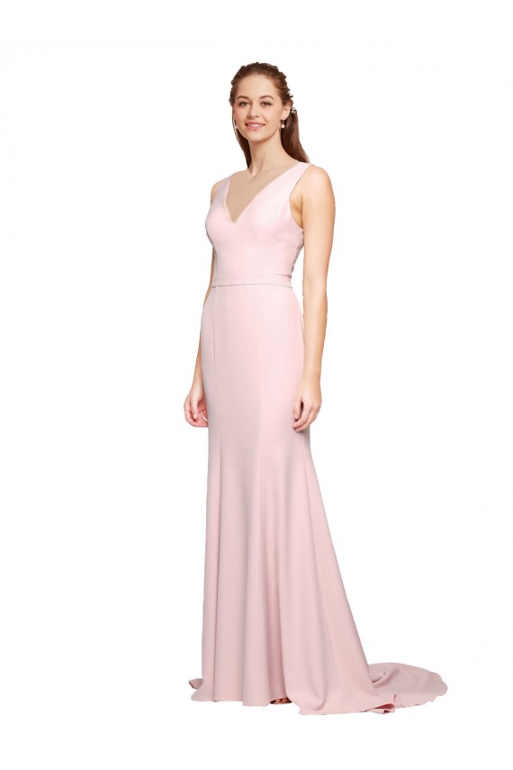 Rose Trapèze Col V Balayage train Crêpe Stretch Longue Robes demoiselle d'honneur / Robes de bal Pas Chère