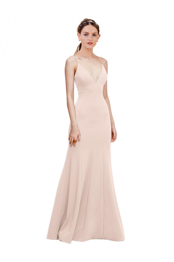 Rose Trapèze Col V Crêpe Stretch Longue Formelles Robes demoiselle d'honneur / Robes de soirée / Robes de bal Pas Chère