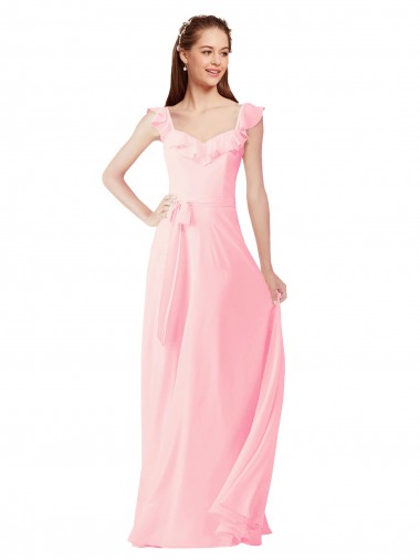 Rose Trapèze Col V Mousseline Longue Robes demoiselle d'honneur Pas Chre