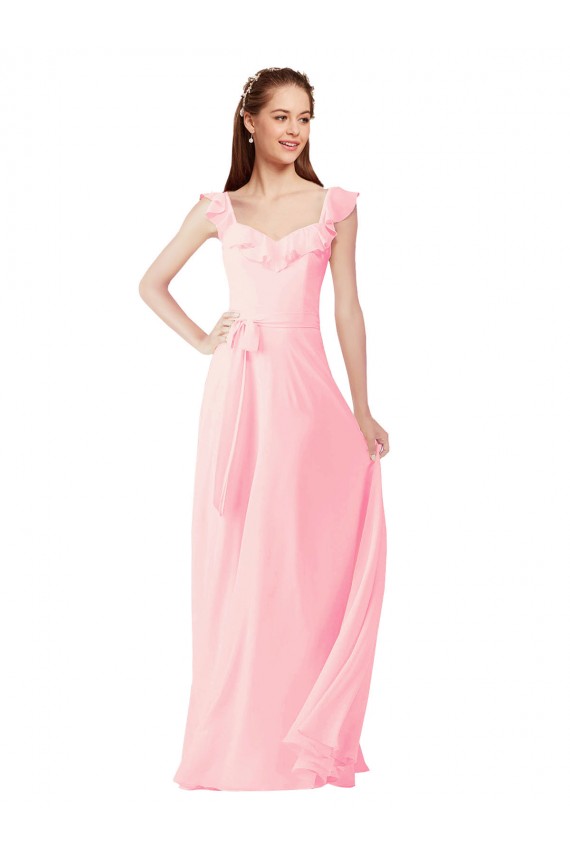 Rose Trapèze Col V Mousseline Longue Robes demoiselle d'honneur Pas Chère