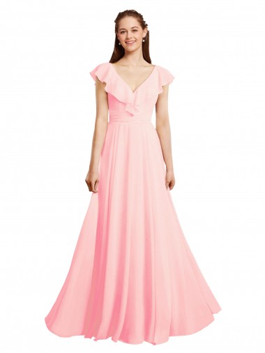 Rose Trapèze Col V Mousseline Longue Robes demoiselle d'honneur Pas Chre