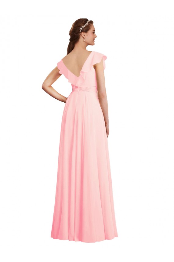 Rose Trapèze Col V Mousseline Longue Robes demoiselle d'honneur Pas Chère