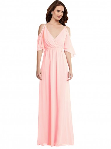 Rose Trapèze Col V Mousseline Longue Robes demoiselle d'honneur Pas Chre