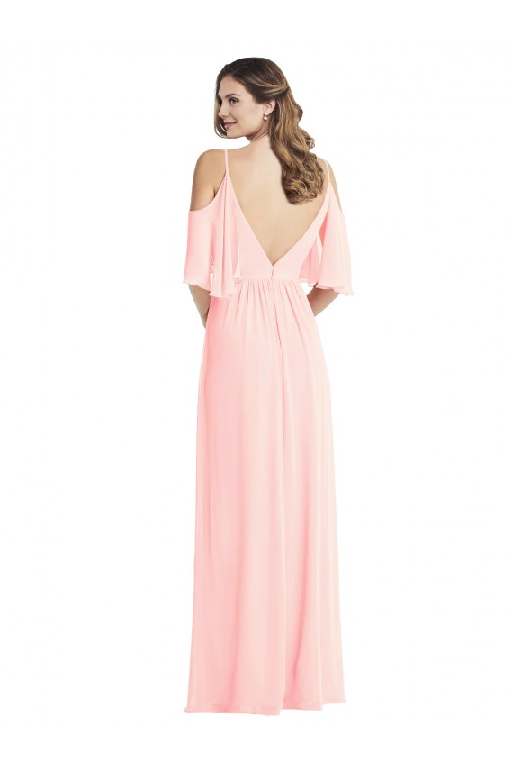 Rose Trapèze Col V Mousseline Longue Robes demoiselle d'honneur Pas Chère