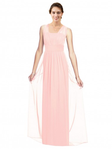 Rose Trapèze Col V Mousseline Longue Robes demoiselle d'honneur Pas Chre