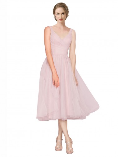 Rose Trapèze Col V Tulle Courte Robes demoiselle d'honneur / Robes de cocktail Pas Chre