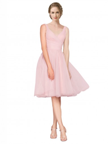 Rose Trapèze Col V Tulle Courte Robes demoiselle d'honneur / Robes de cocktail Pas Chre