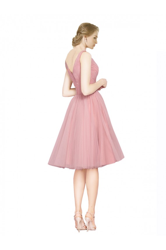 Rose Trapèze Col V Tulle Courte Robes demoiselle d'honneur / Robes de cocktail Pas Chère