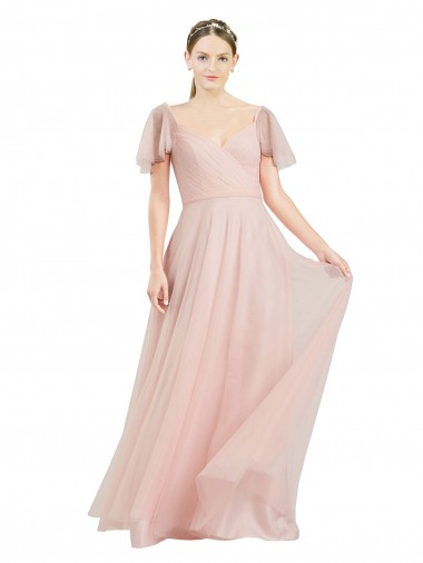 Rose Trapèze Col V Tulle Longue Robes demoiselle d'honneur Pas Chre