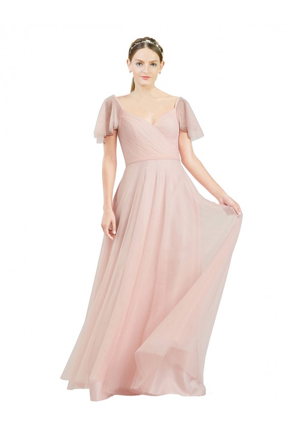 Rose Trapèze Col V Tulle Longue Robes demoiselle d'honneur Pas Chère