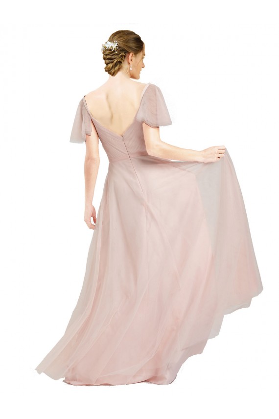 Rose Trapèze Col V Tulle Longue Robes demoiselle d'honneur Pas Chère