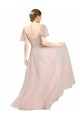 Rose Trapèze Col V Tulle Longue Robes demoiselle d'honneur Pas Chère