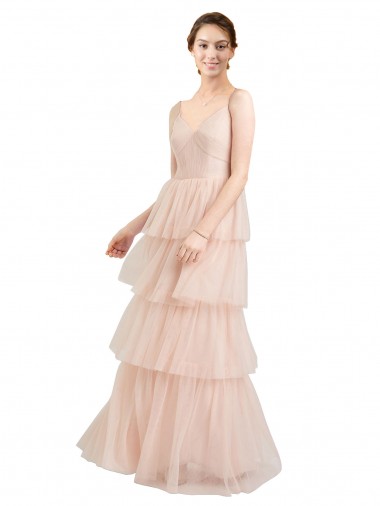 Rose Trapèze Col V Tulle Longue Robes demoiselle d'honneur Pas Chre