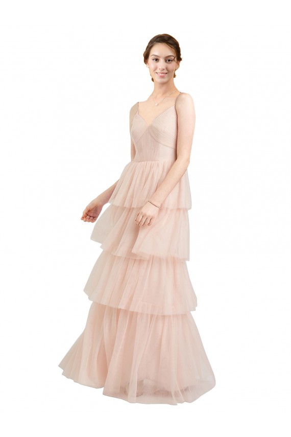Rose Trapèze Col V Tulle Longue Robes demoiselle d'honneur Pas Chère