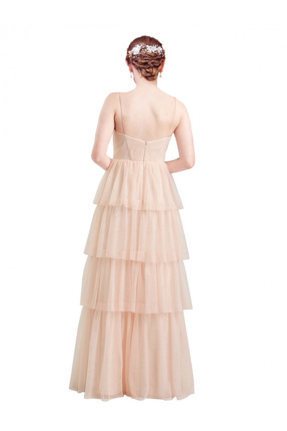 Rose Trapèze Col V Tulle Longue Robes demoiselle d'honneur Pas Chère