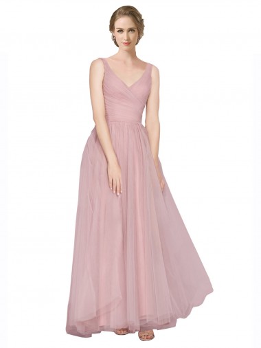 Rose Trapèze Col V Tulle Longue Robes demoiselle d'honneur Pas Chre
