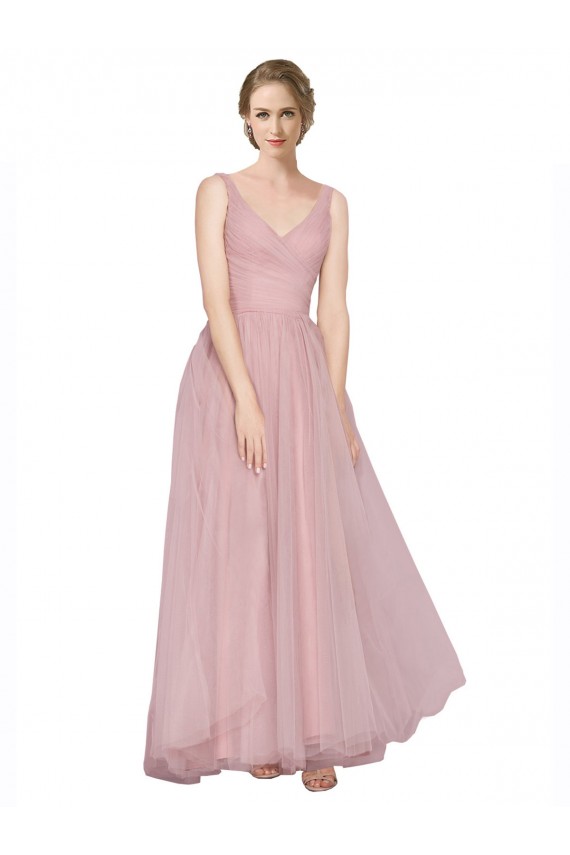 Rose Trapèze Col V Tulle Longue Robes demoiselle d'honneur Pas Chère