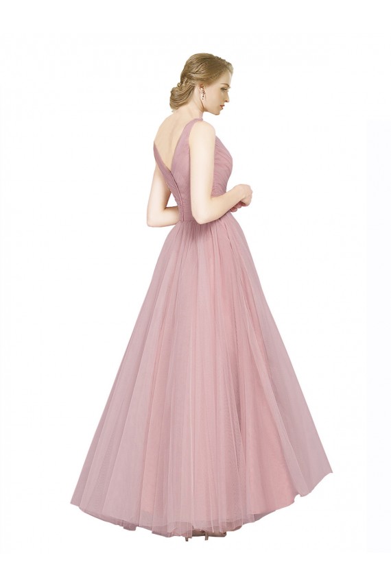 Rose Trapèze Col V Tulle Longue Robes demoiselle d'honneur Pas Chère