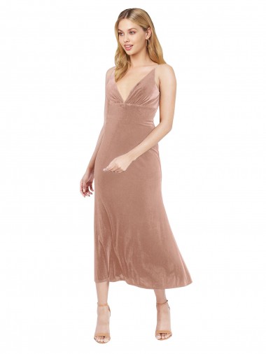 Rose Trapèze Col V midi Velours Stretch Courte Robes demoiselle d'honneur / Robes de bal / Robes de cocktail Pas Chre