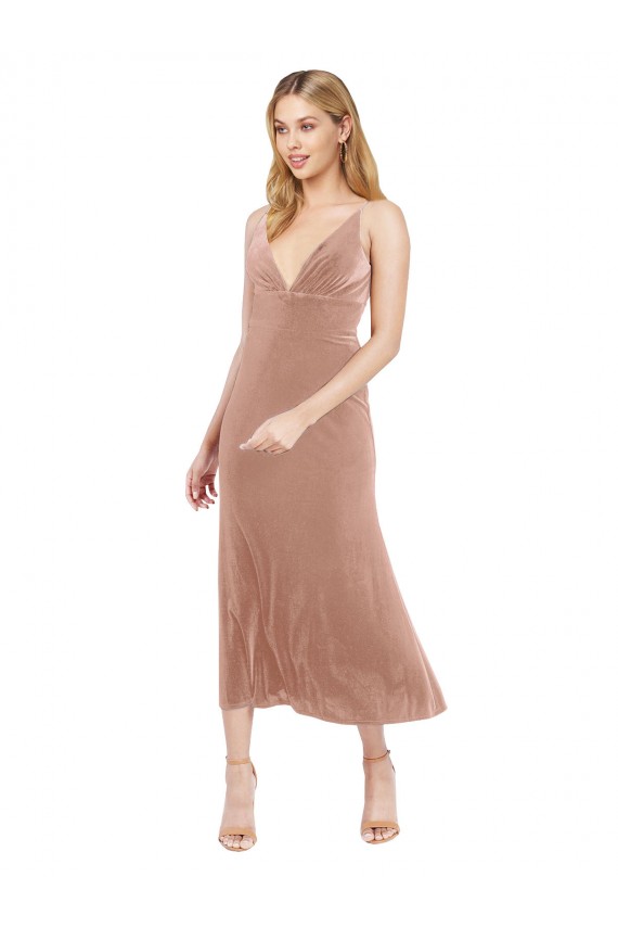 Rose Trapèze Col V midi Velours Stretch Courte Robes demoiselle d'honneur / Robes de bal / Robes de cocktail Pas Chère