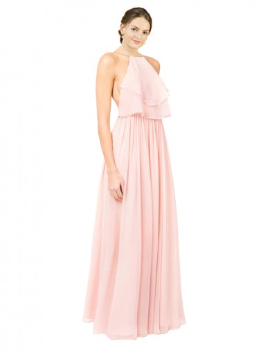 Rose Trapèze Licou Mousseline Longue Robes demoiselle d'honneur Pas Chre