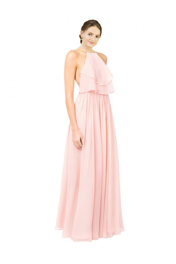Rose Trapèze Licou Mousseline Longue Robes demoiselle d'honneur Pas Chère