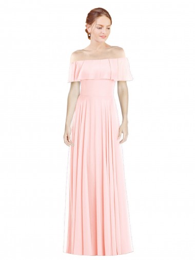 Rose Trapèze Épaule Dénudée Col Carré Mousseline Longue Robes demoiselle d'honneur Pas Chre