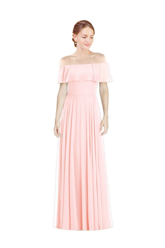 Rose Trapèze Épaule Dénudée Col Carré Mousseline Longue Robes demoiselle d'honneur Pas Chère