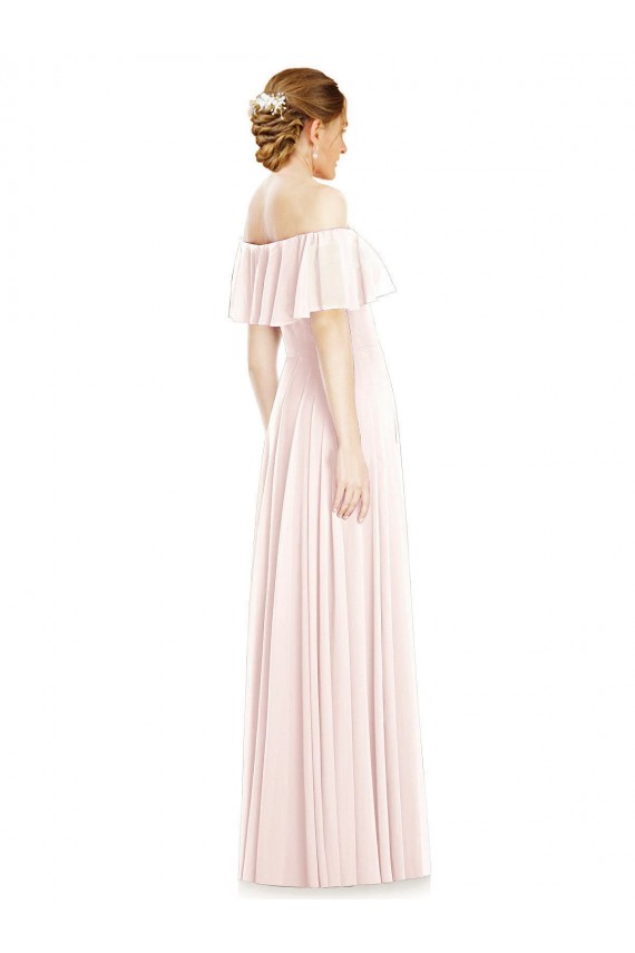 Rose Trapèze Épaule Dénudée Col Carré Mousseline Longue Robes demoiselle d'honneur Pas Chère
