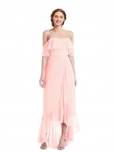 Rose Trapèze Épaule Dénudée Mousseline Longue Asymétrique Robes demoiselle d'honneur Pas Chre