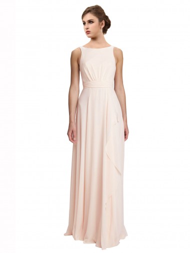 Rose crème Trapèze Bateau Col Haut Mousseline Longue Robes demoiselle d'honneur Pas Chre