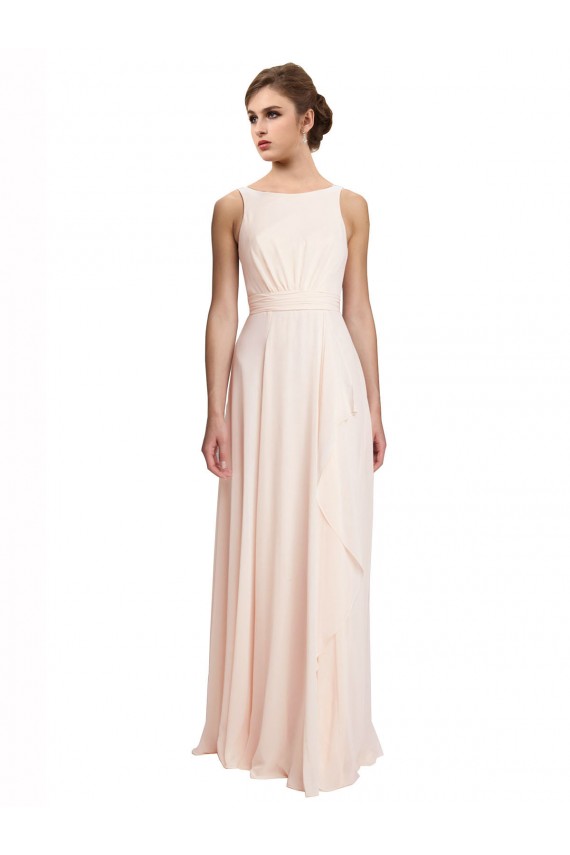 Rose crème Trapèze Bateau Col Haut Mousseline Longue Robes demoiselle d'honneur Pas Chère