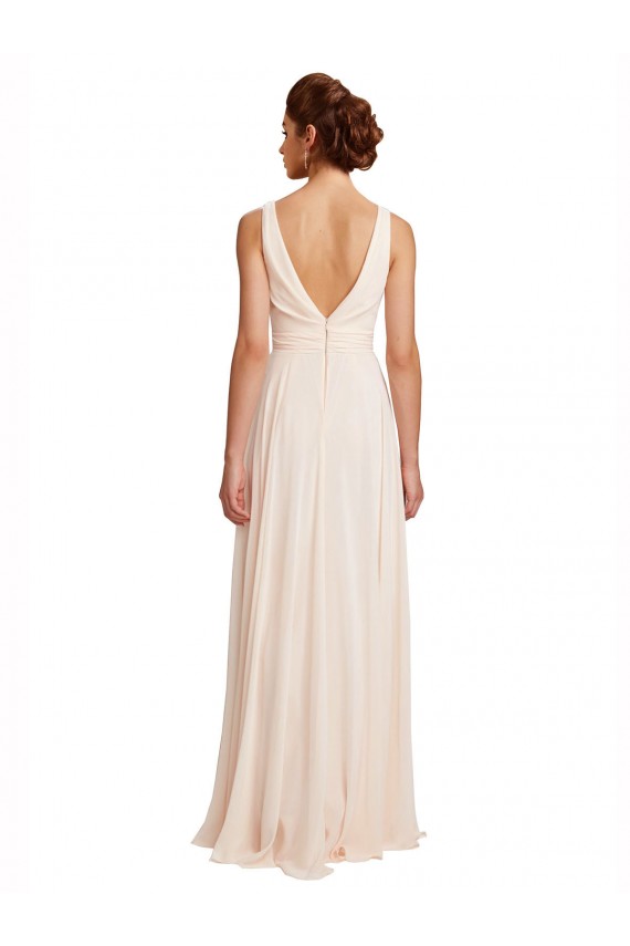 Rose crème Trapèze Bateau Col Haut Mousseline Longue Robes demoiselle d'honneur Pas Chère