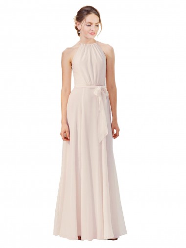 Rose crème Trapèze Bateau Col Haut Mousseline Longue Robes demoiselle d'honneur Pas Chre